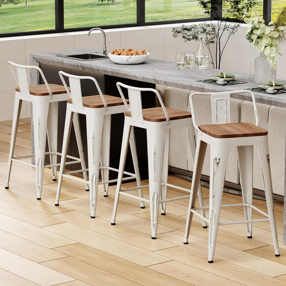 30" Barstools Set of 4 Counter Height Bar Stools Chair-Distressed White