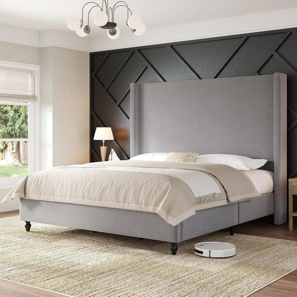 AMERLIFE California King Upholstered Bed Frame with Headboard, Light Grey