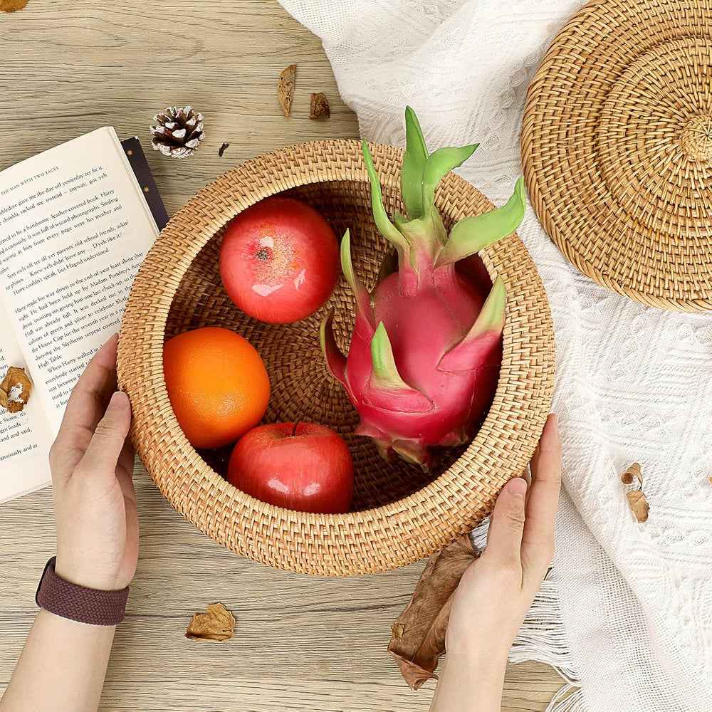 Hipiwe Round Rattan Boxes with Lid Natural Woven Picnic Storage Basket Bin