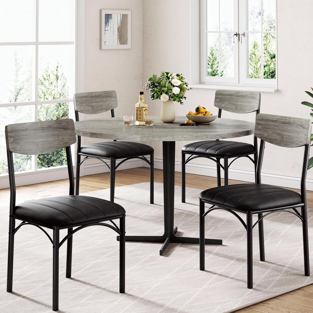 Jocoevol Dining Chairs Set of 4 - Upholstered Dining Room Chairs with PU Leather, Industrial Kitchen Chairs with Wooden Backrest and Thickened Metal Legs, for Dining Room, Living Room（Gray）
