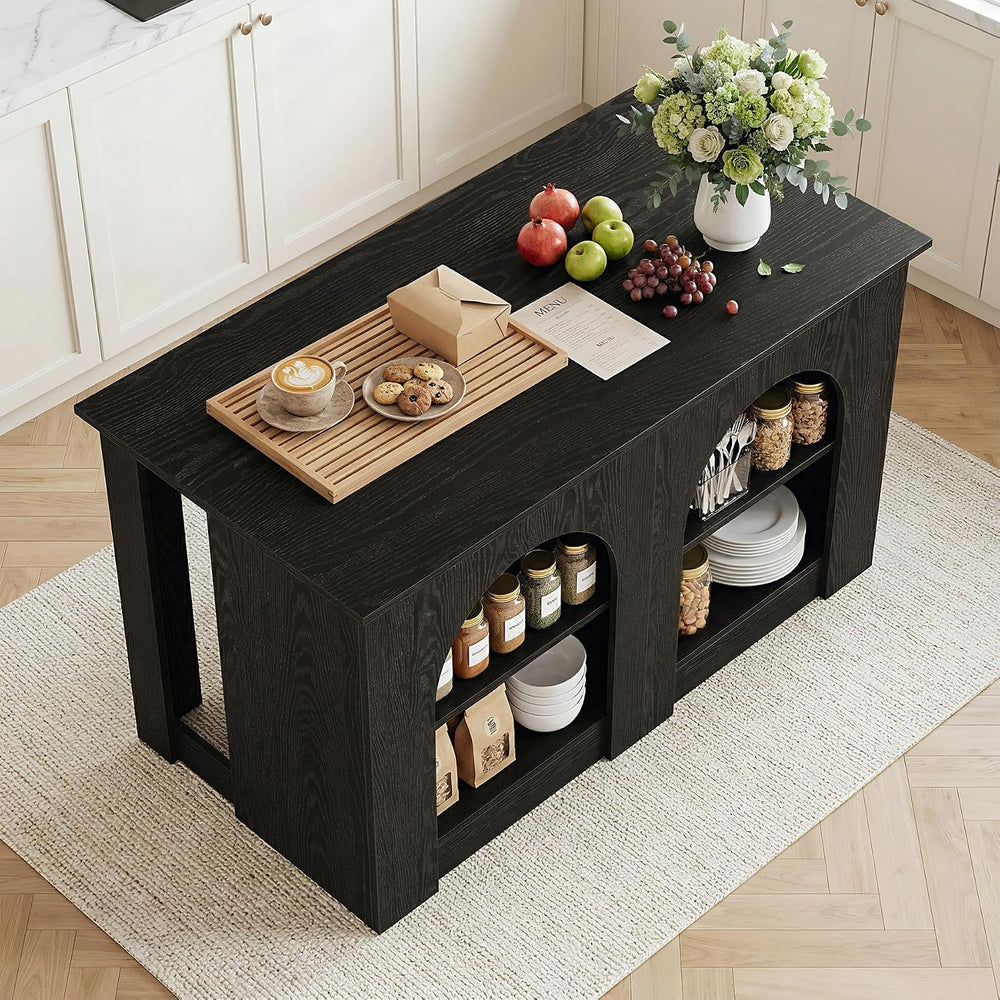 LITTLE TREE 55” Kitchen Island with Seating and Storage, Modern Black Wood St...