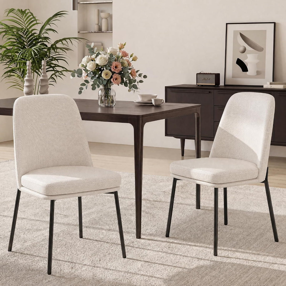 COLAMY Leather Dining Chairs Set of 2 with Metal Legs, Beige