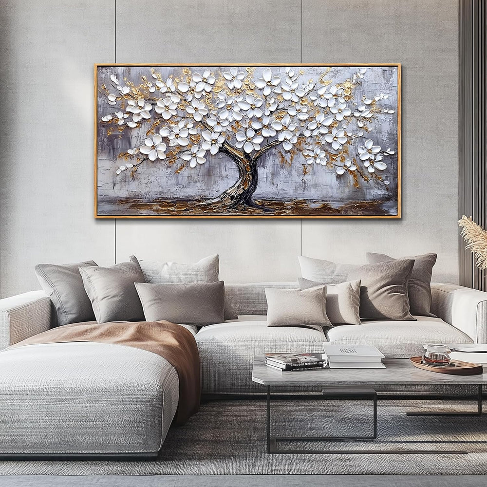 DZRWUBHS Tree of Life Wall Art, Large Wall Art, Framed Wall Decor, White Gold...