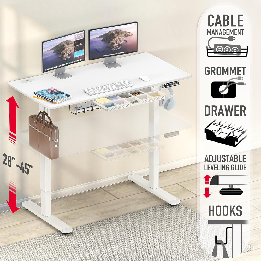 SHW 48-Inch Electric Height Adjustable Standing Desk w/ Drawer, White
