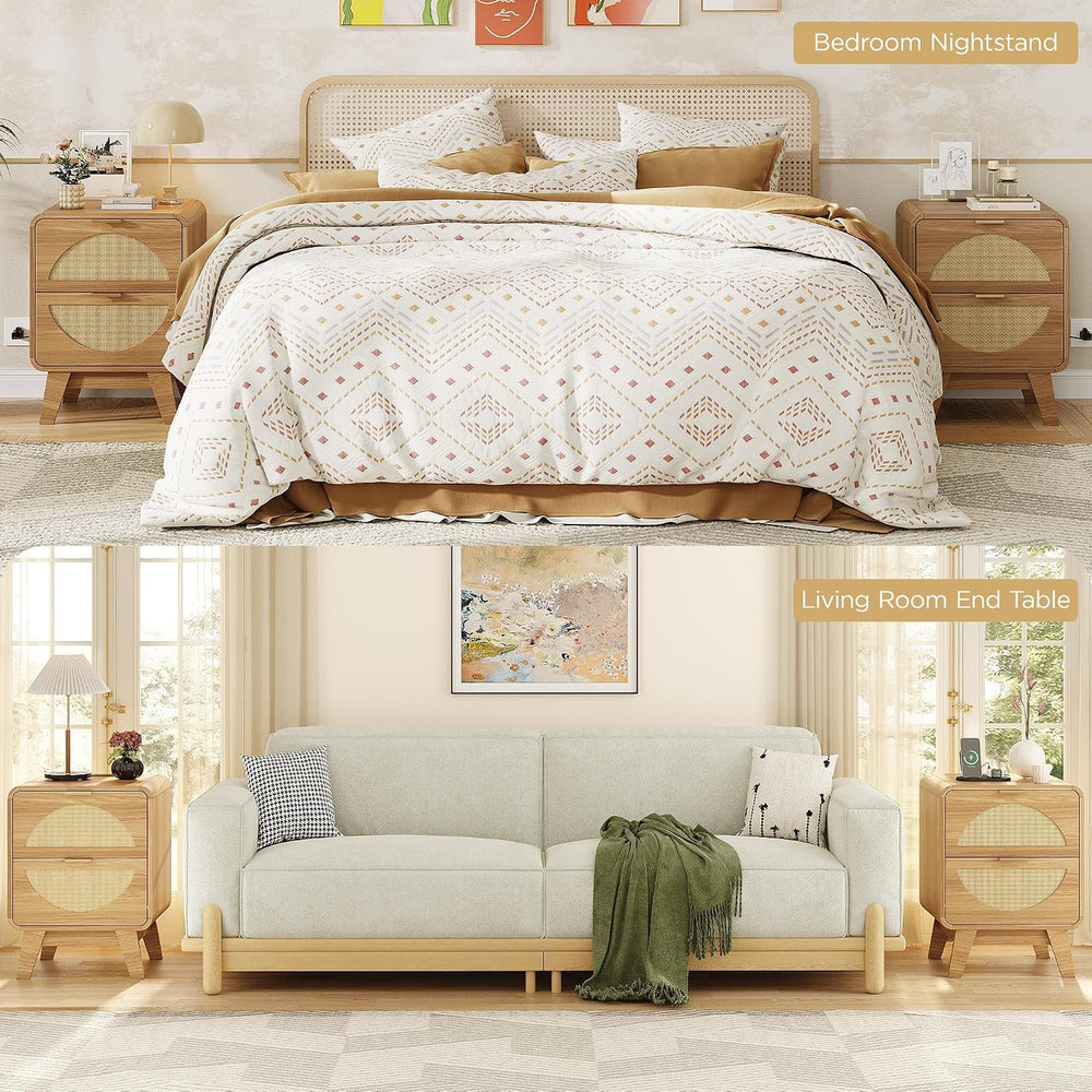 Maupvit Rattan Nightstand with Charging Station, Boho Beside Table with 2 Dra...