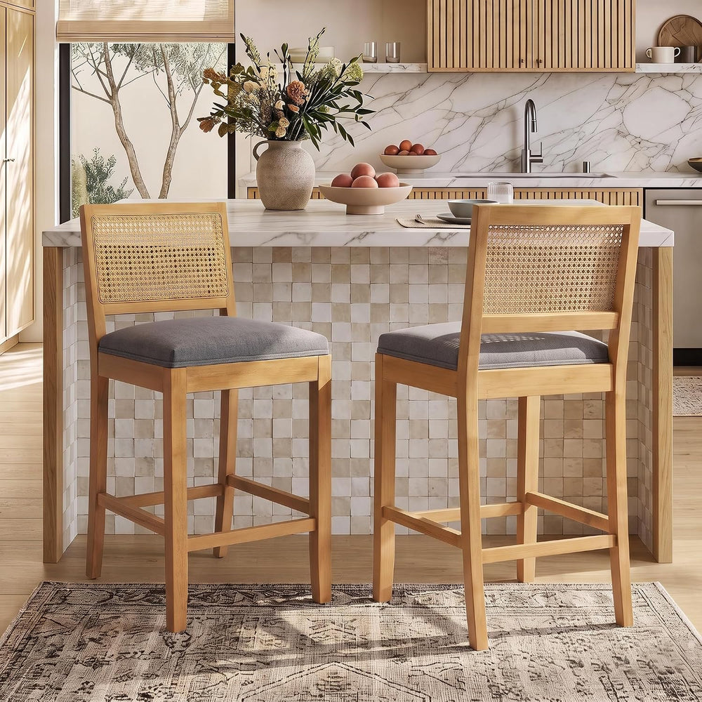 SoarFlash 27" Square Back Rattan Counter Bar Stools Set of 2, Gery