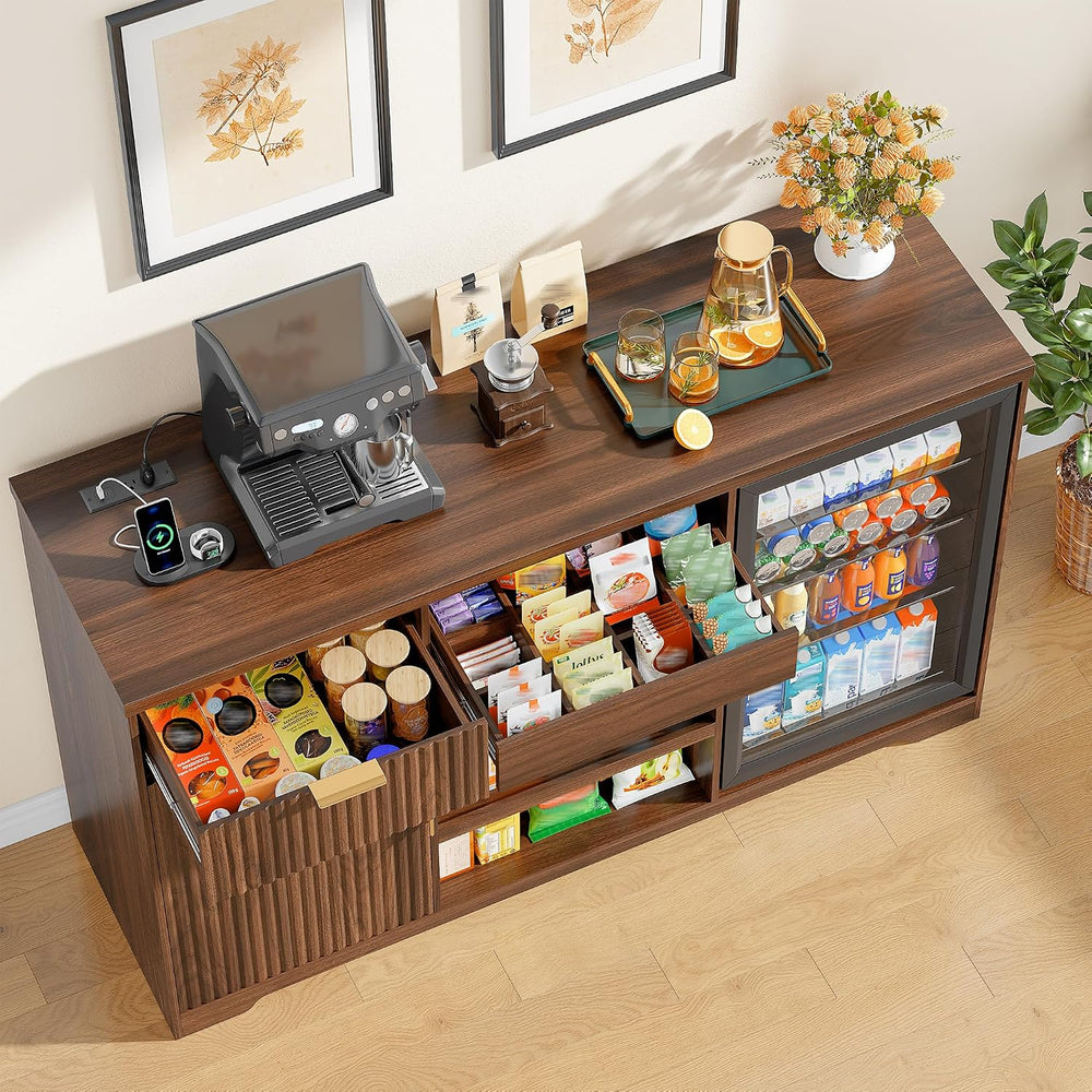 Alohappy 58.7" Snack Bar Cabinet with Fridge Space & Wine Glass Rack...