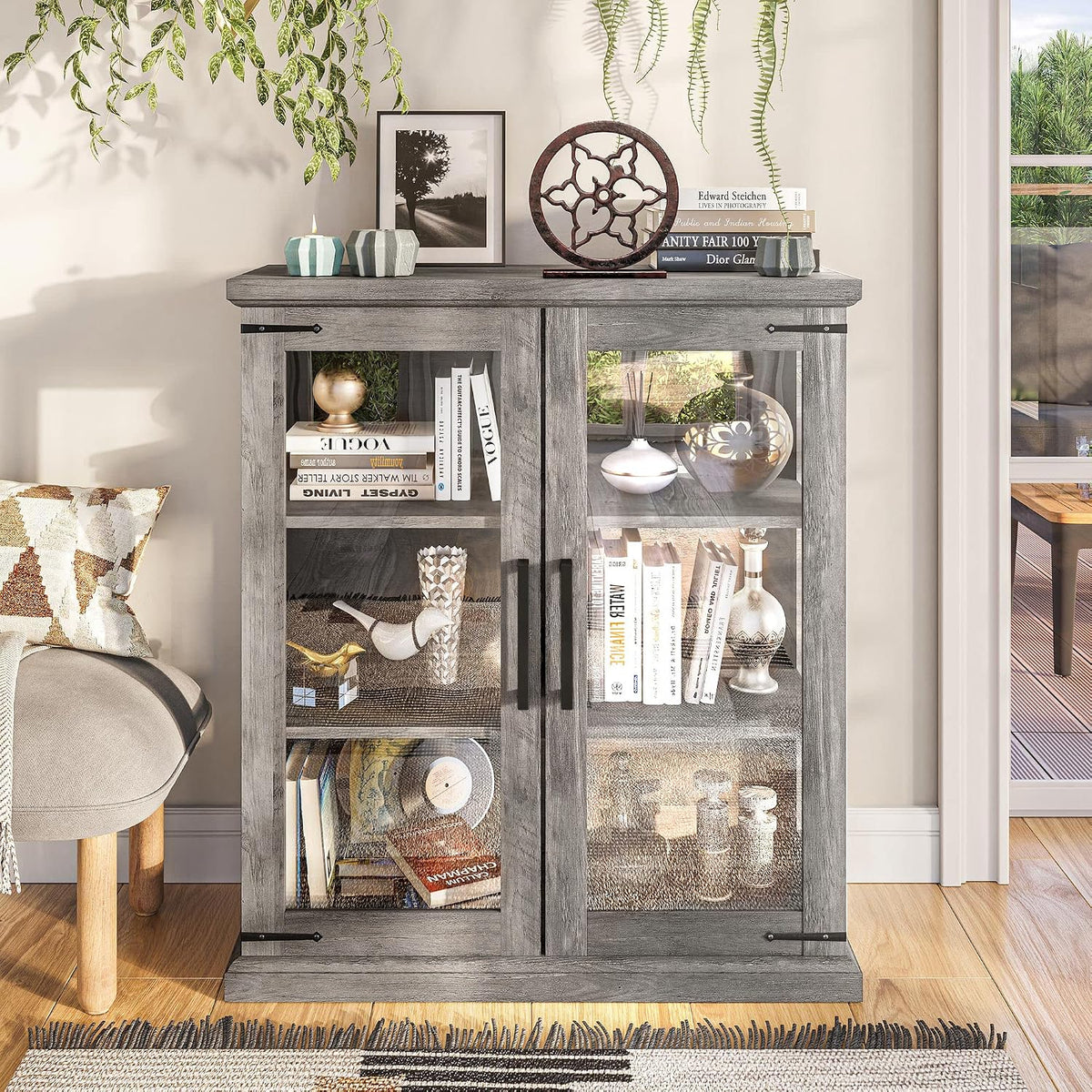 BELLEZE 36" Ashford Glass Display Cabinet - Gray Wash