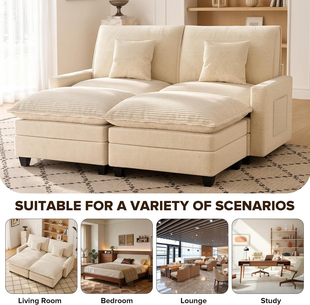 74" Cloud Loveseat with 2 Movable Ottoman, Deep Seat Modular Sectional Sofa