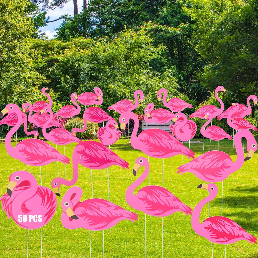 Yuntau 50 Pcs Pink Flamingo Yard Signs with 100 Stakes 8 Styles Patio Decorat...