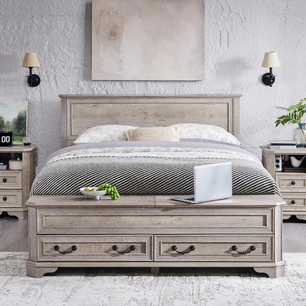 T4TREAM Farmhouse Queen Bed with Headboard and Storage Bench