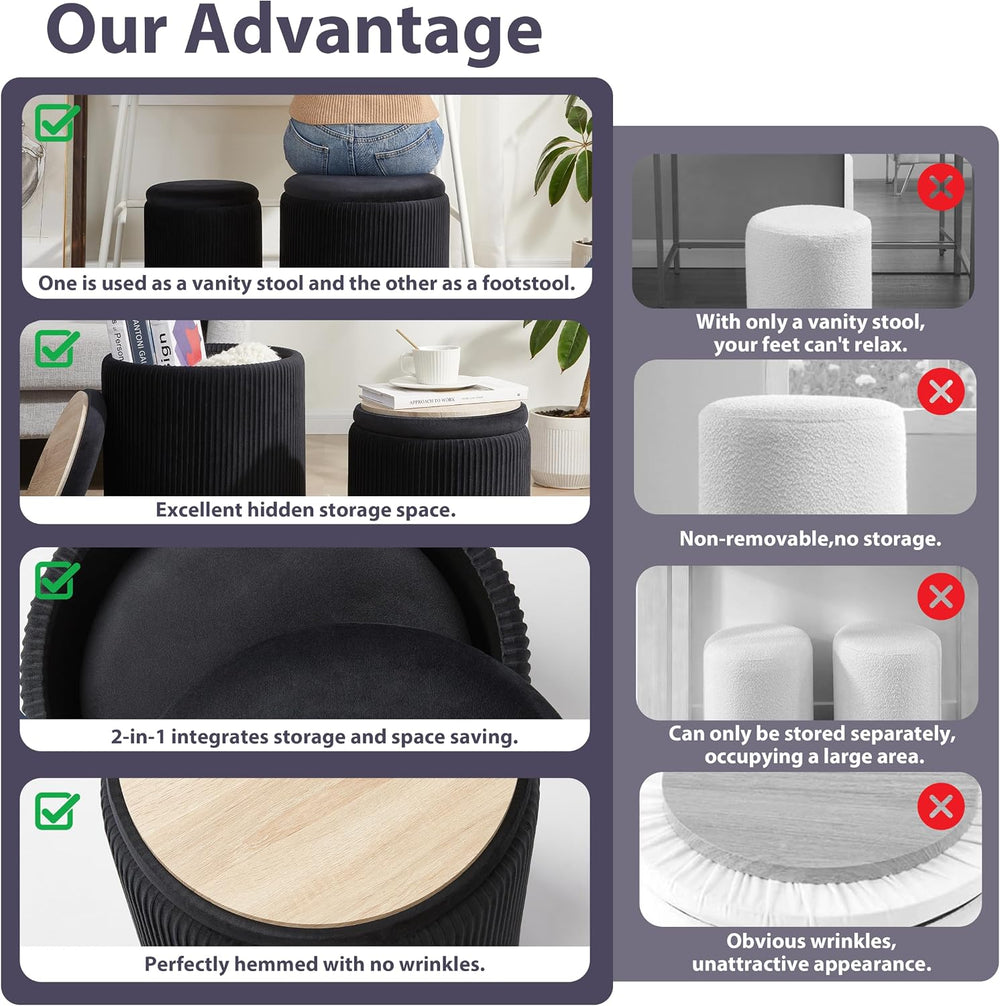 Royal Windsor Round Ottoman with Storage Set of 2, Storage Vanity Stool