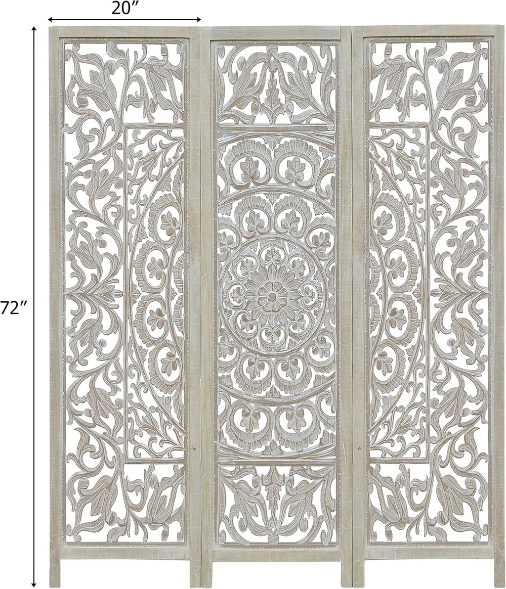 COTTON CRAFT Room Divider Wood Screen - Hand Carved Folding 3 Panels 60x72