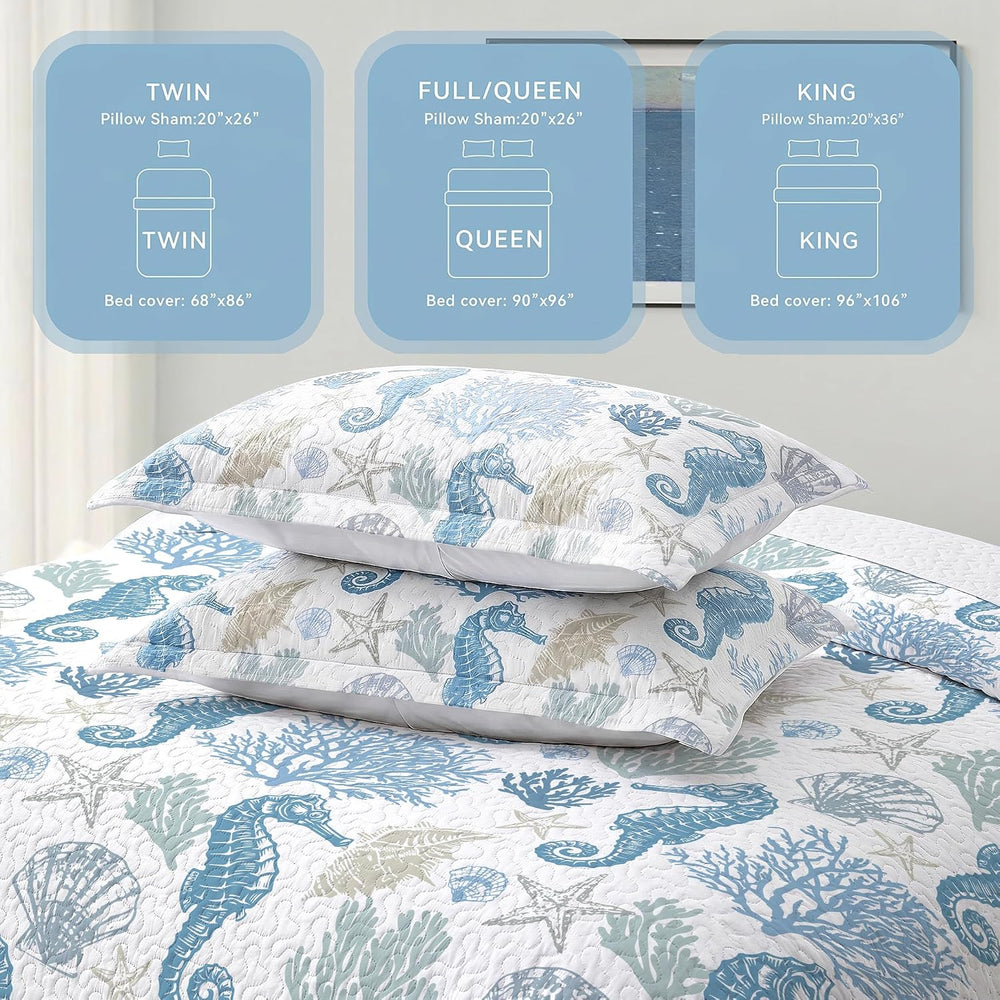 California King Quilt Set, Coastal Seahorse Bedding, 3 Piece, 106"x118&q...
