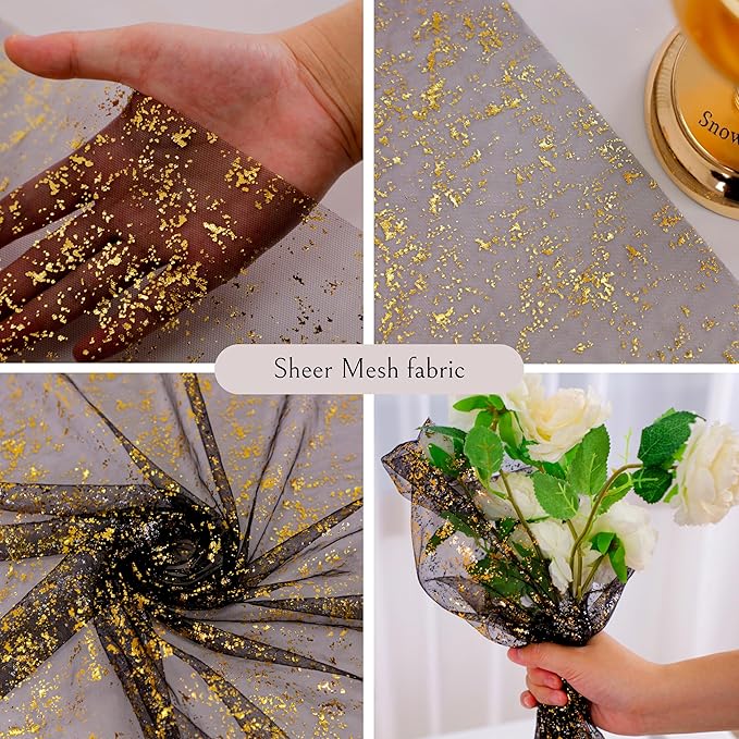 Snowkingdom 6 Pcs Black & Gold Cheesecloth Table Runner 10 FT, Sheer Chiffon Sparkle Gauze Mesh Runners 120 Inch, Glitter Table Centerpieces Decoration for Birthday Party Wedding Christmas Halloween