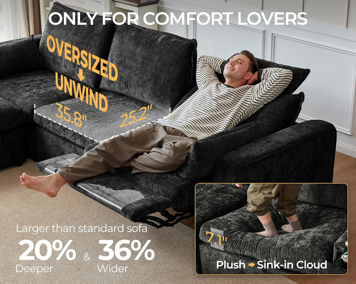 170" Modular Power Reclining Sectional 7 Seater Couch with Ottoman Chenille | Oversized Cloud, Console Table, Charging Storage, Wall Hugger, Headrest, Washable Cover, for Home Theater Living Room, Black