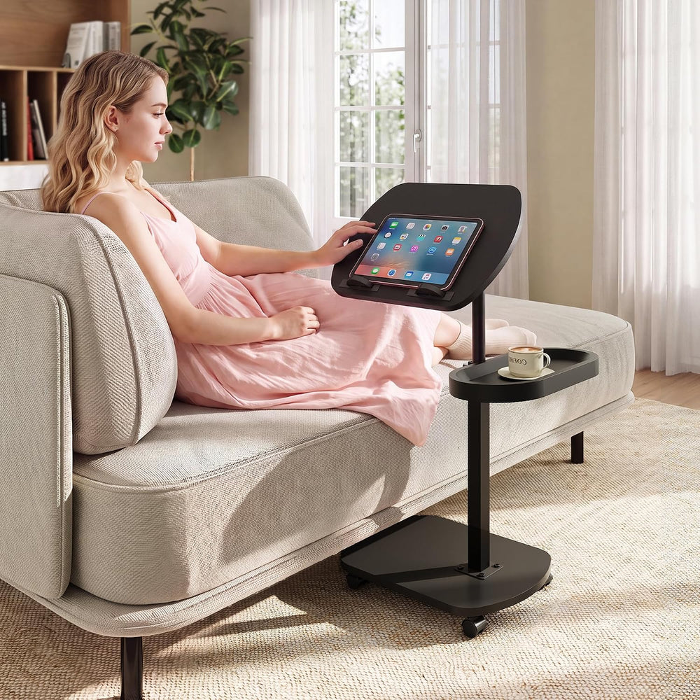 WLIVE C Shaped End Table Adjustable Height 360 Swivel TV Tray Rolling Cup