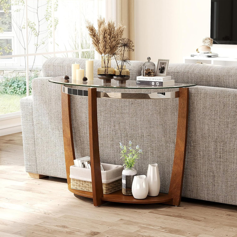 GIANTEX 2-Tier Glass Console Table, Half Moon Modern Entryway Table