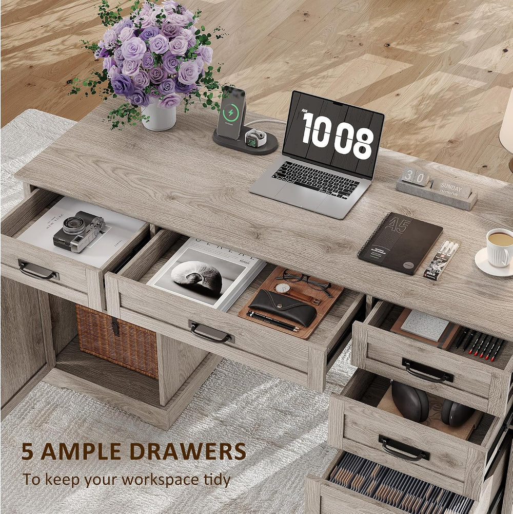 Whalefall 55'' Farmhouse Desk Home Office with Drawers, Light Gray