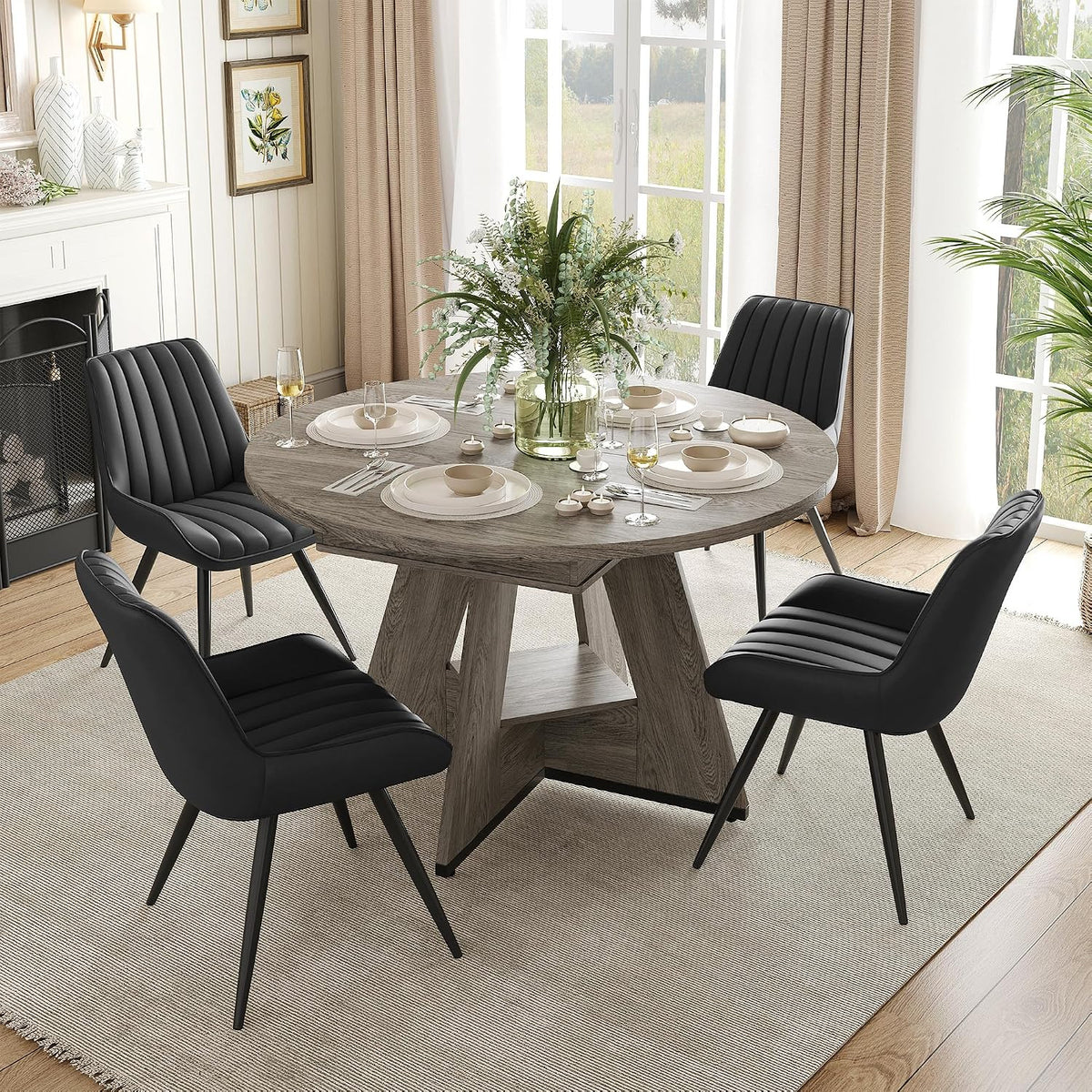 Miereirl Extendable Dining Table Set for 4-6, 47.24"-63" Round to Oval Dining Table Set with Upholstered Chairs, Hidden Storage Shelf, Kitchen & Dining Room Furniture for Apartment
