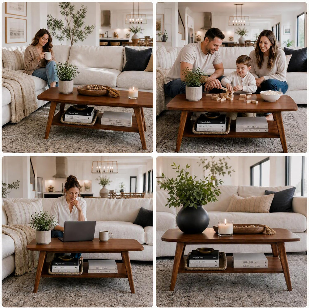 100% Solid Oak Coffee Table with Storage Shelf, 31.49" W