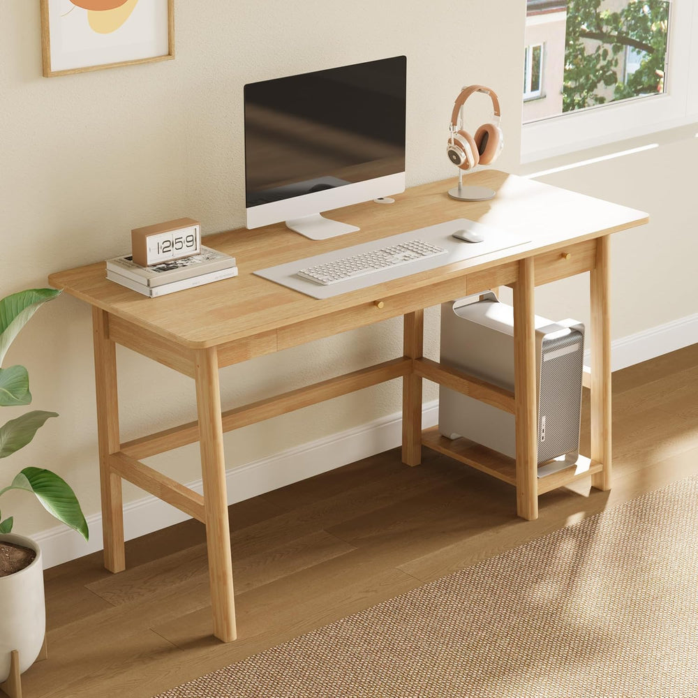 NELYE Solid Wood Writing Desk with Drawer, 58" W x 24" D, Oak