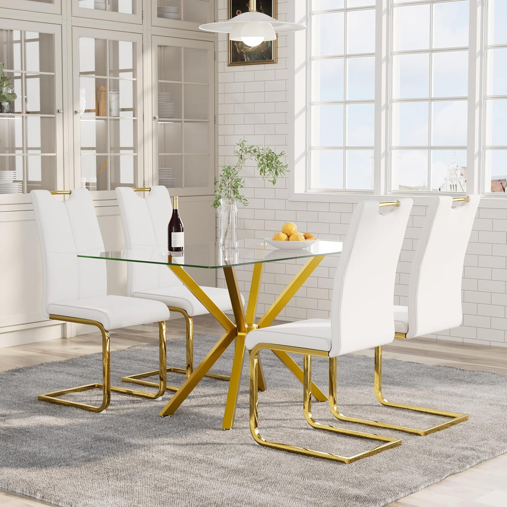 5-Piece 47" Dining Table with 4 PU Leather Chairs, Modern Dining Table Set for 4, Rectangle Kitchen Table with Golden Metal Legs for Dining Room, Kitchen(White)