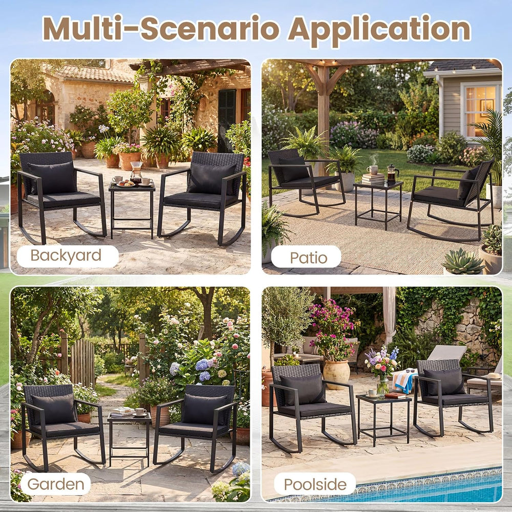 Tangkula 3-Piece Outdoor Rocking Chair Set, Black Cushion