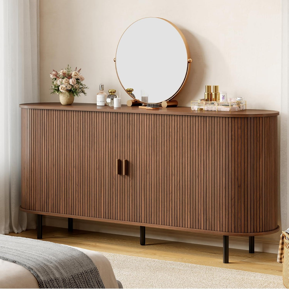 ComfyCorner 63" Fluted Buffet Sideboard Cabinet with Sliding Door, Walnut