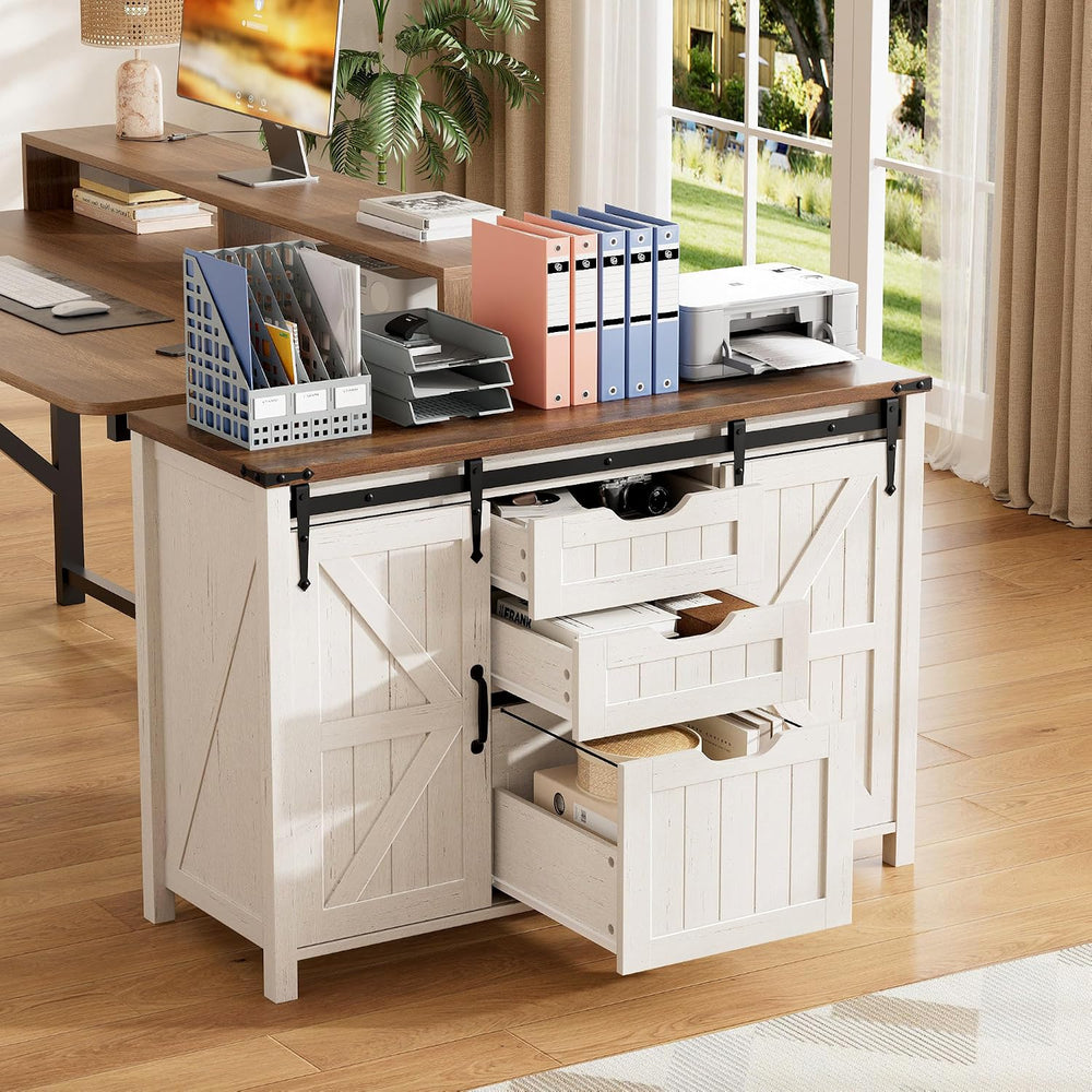Halitaa 43.31” Farmhouse File Cabinet with Sliding Barn Door, Off White