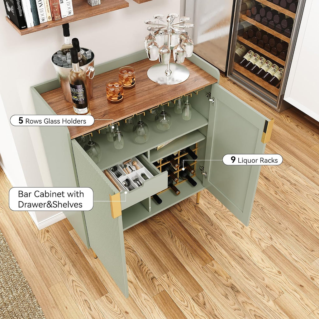 ARTPOWER Coffee Bar Cabinet with Wine Rack&Glass Holder, Sage Green