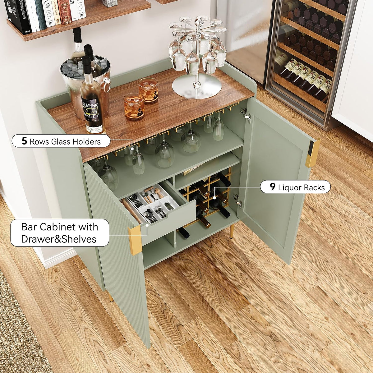ARTPOWER Coffee Bar Cabinet with Wine Rack&Glass Holder, Sage Green