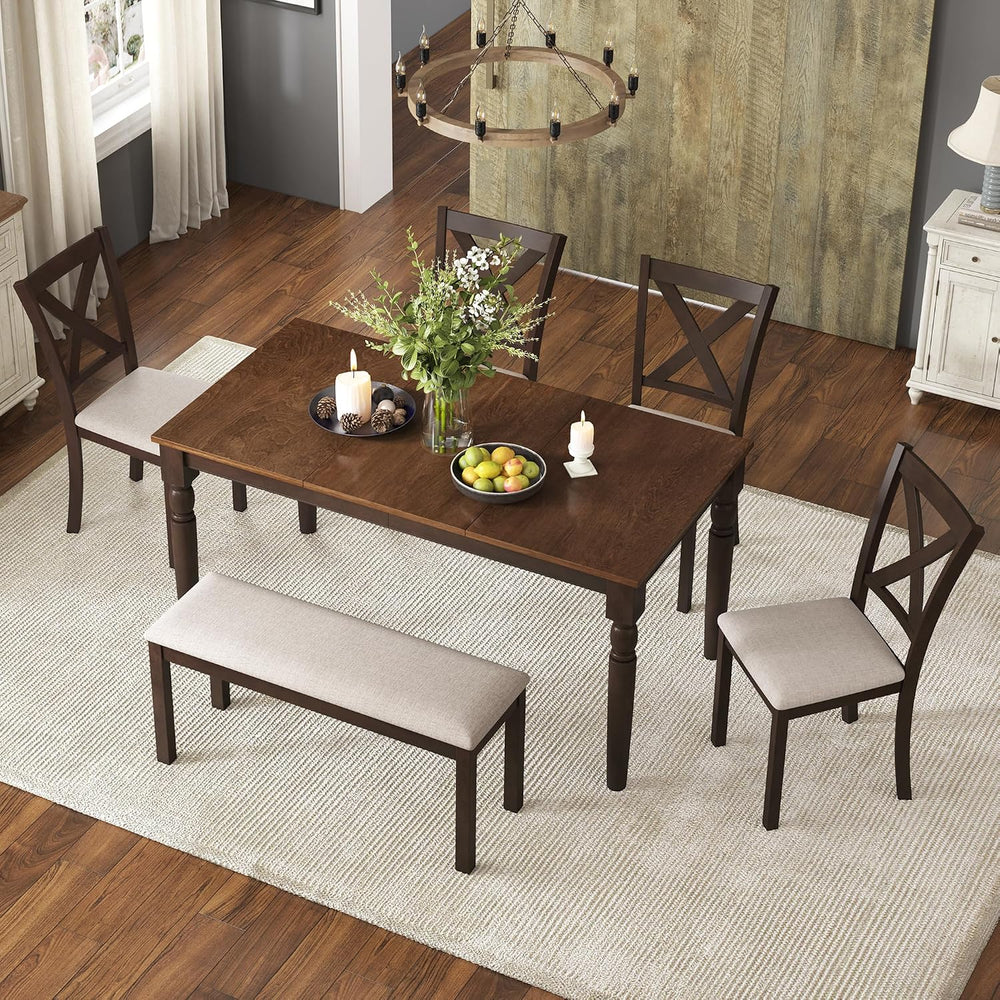 AMERLIFE 6 Piece Farmhouse Dining Set with 60" Solid Wood Table, Brown