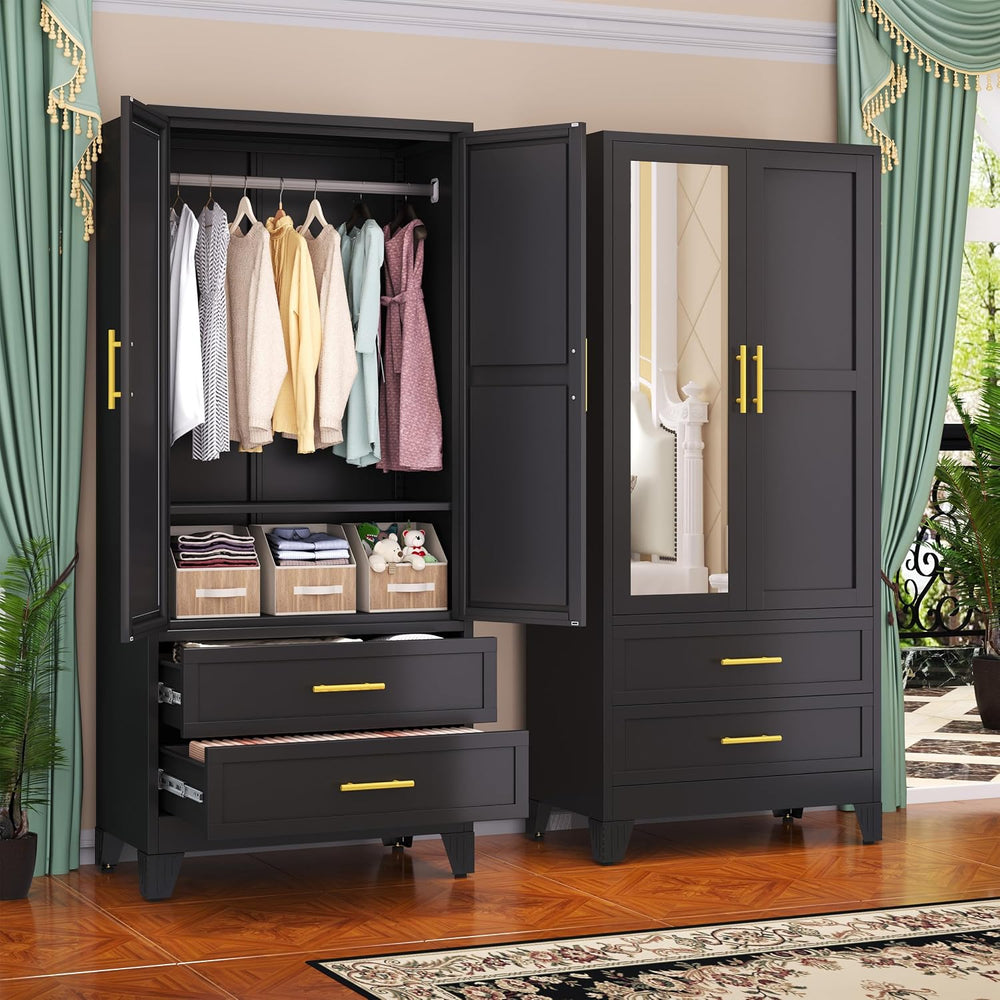 GAIOUS Steel Armoire Wardrobe Closet with Mirror and 2 Drawers 71" Black