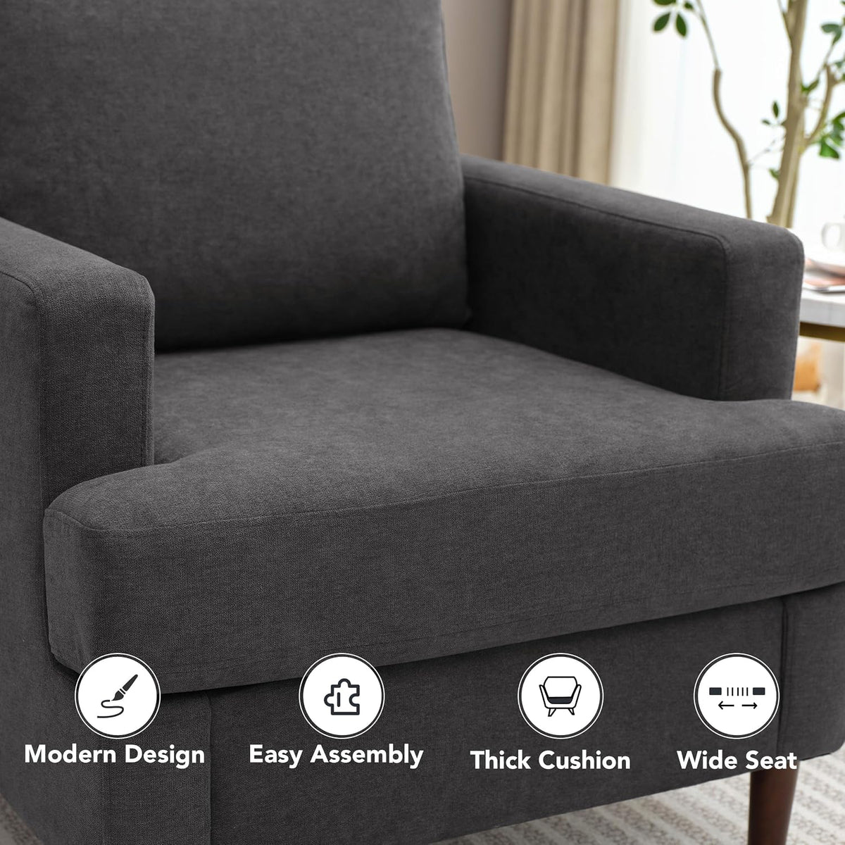 weture mid-century accent chair, dark grey armchair living, close-up detail