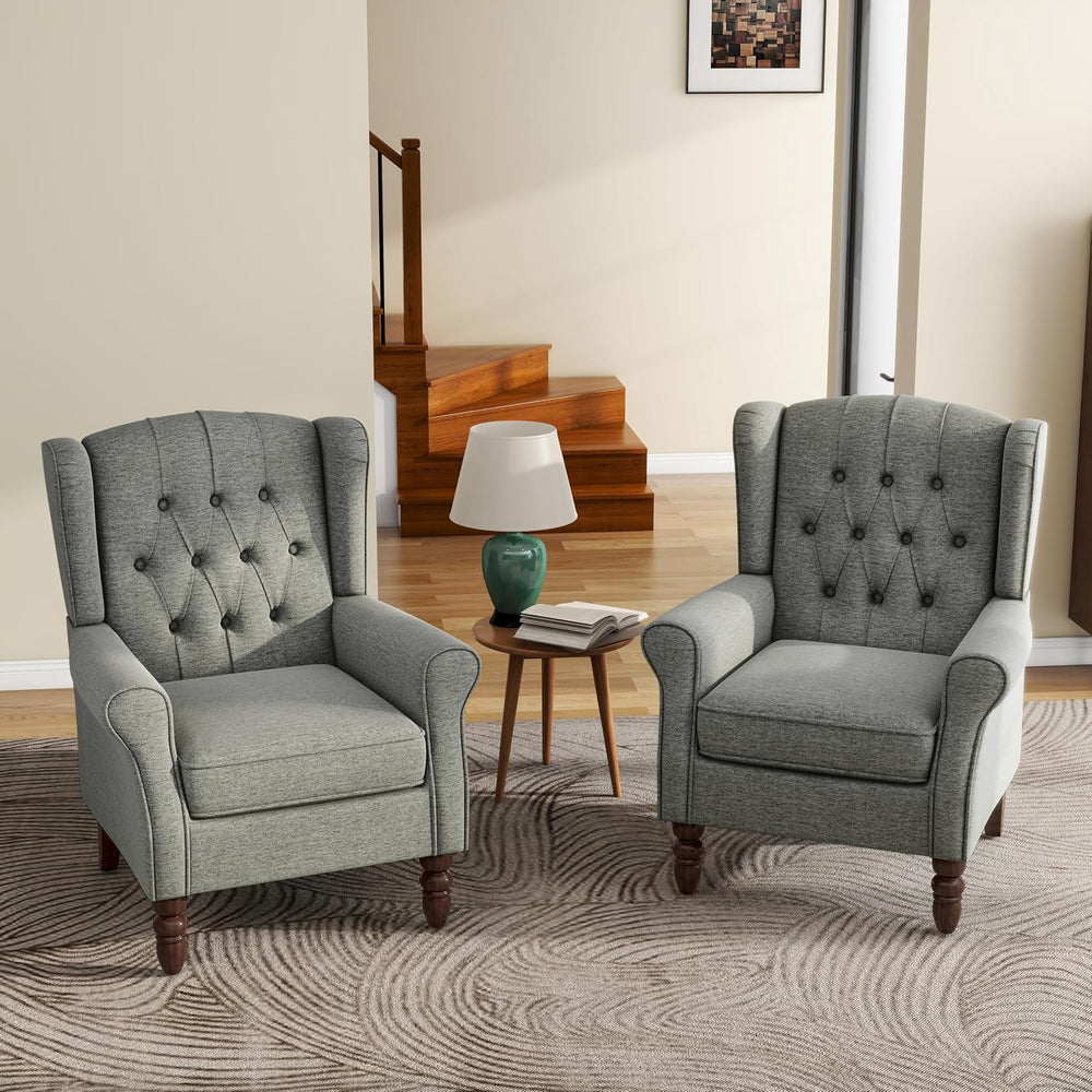 High Back Accent Chairs Set of 2, Wingback Armchair in Fabric, Gray
