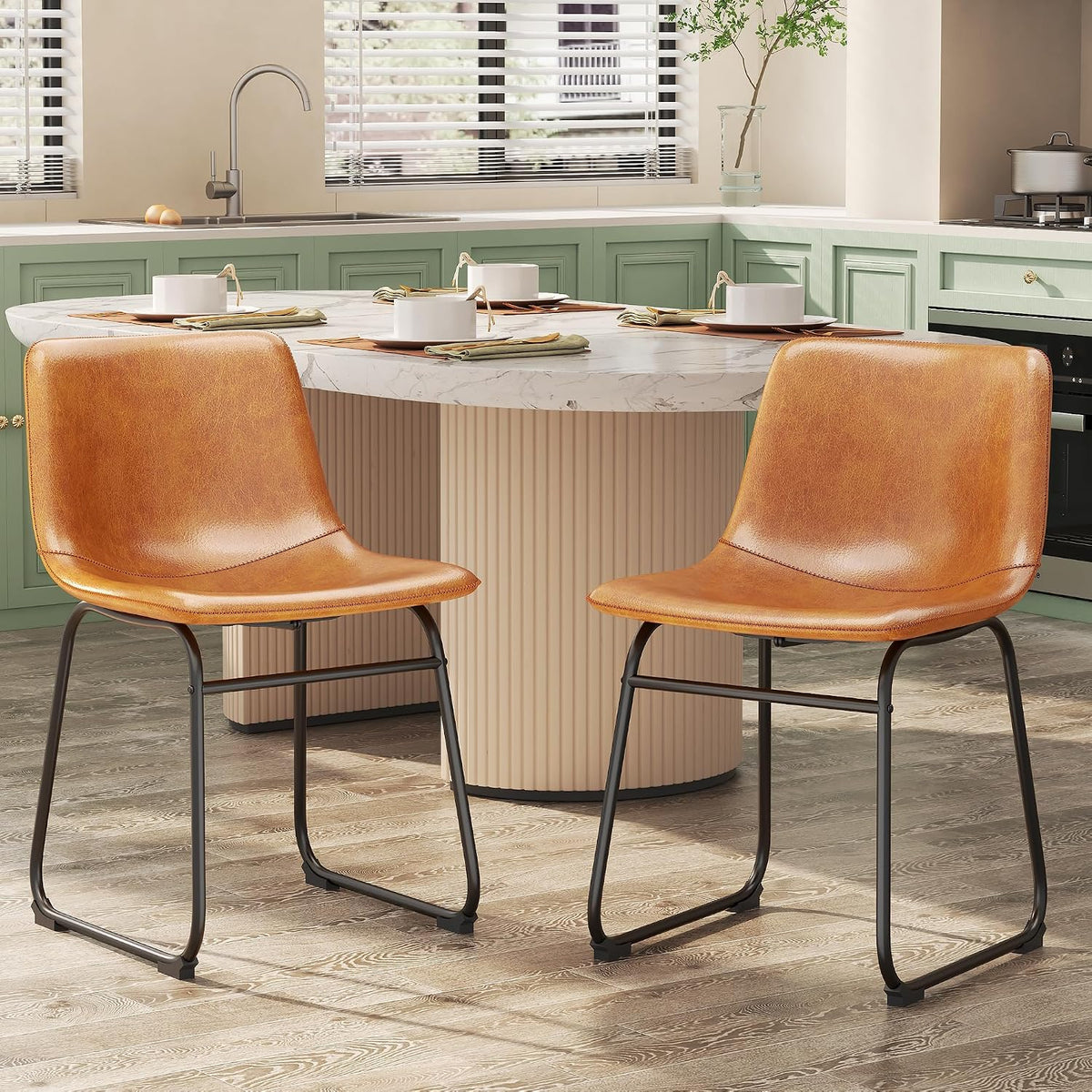 REONEY Dining Chairs Set of 6, 18" PU Leather Dinner Chairs, Brown