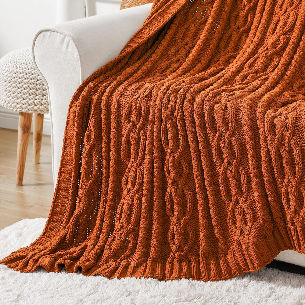 Battilo Rust Orange Throw Blanket for Couch, 51" x 67", Cable Knit ...