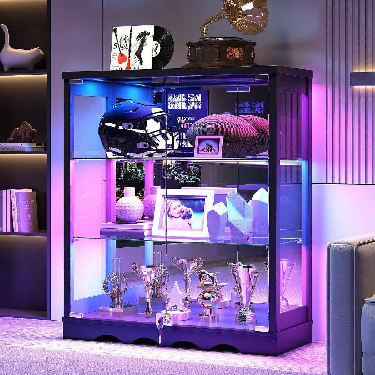 Dystler 39" Display Cabinet with Glass Doors, RGB Lights, Lock & 3-Tier