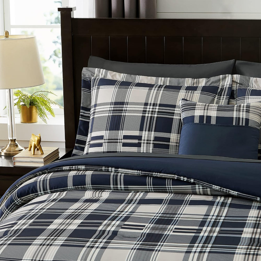 MaiRêve Plaid Queen Comforter Set Navy Blue 7 Pieces Bed in a Bag