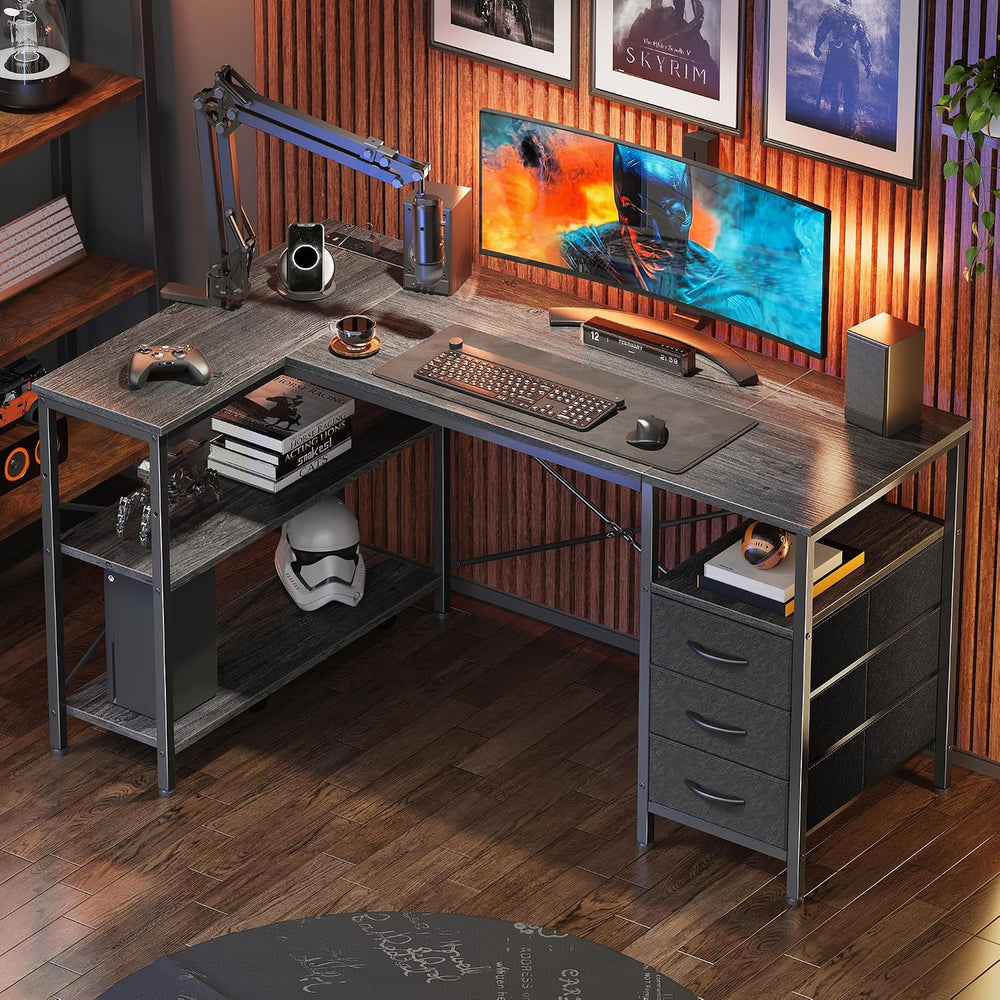 Huuger L Shaped Office Desk with Power Outlets & 3 Drawers