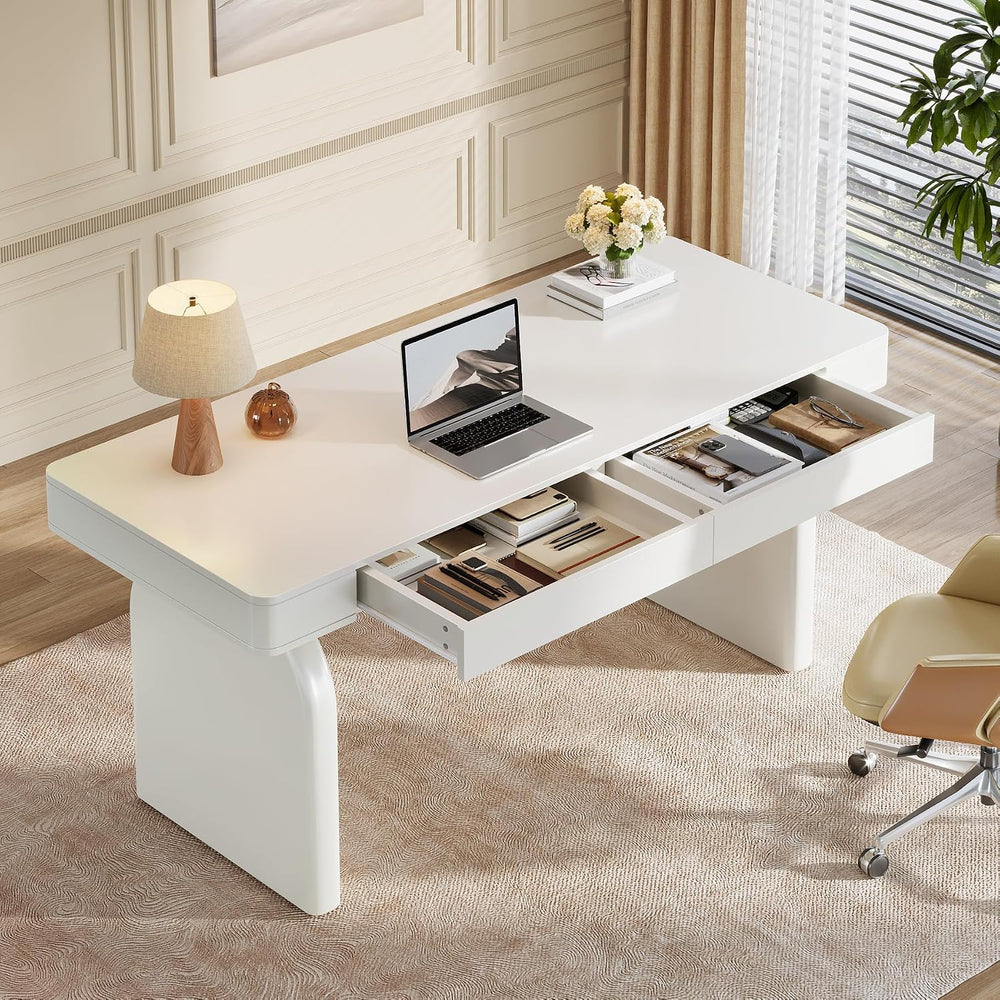 Tribesigns White Desk with Drawers, 63-Inch Modern Executive Office Desk, Glo...