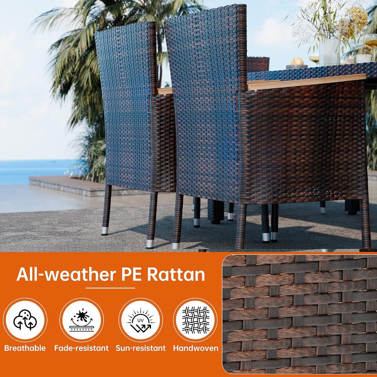 shintenchi 7 pcs wicker patio dining set, brown, side view