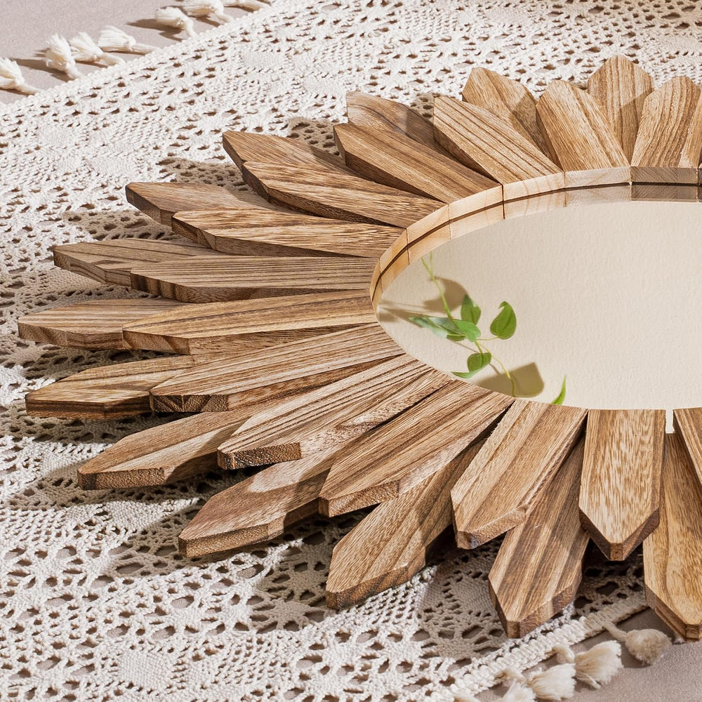 Honiway Boho Wall Decor 24 inch Rustic Wood Sunburst Boho Wall Mirror Farmhou...