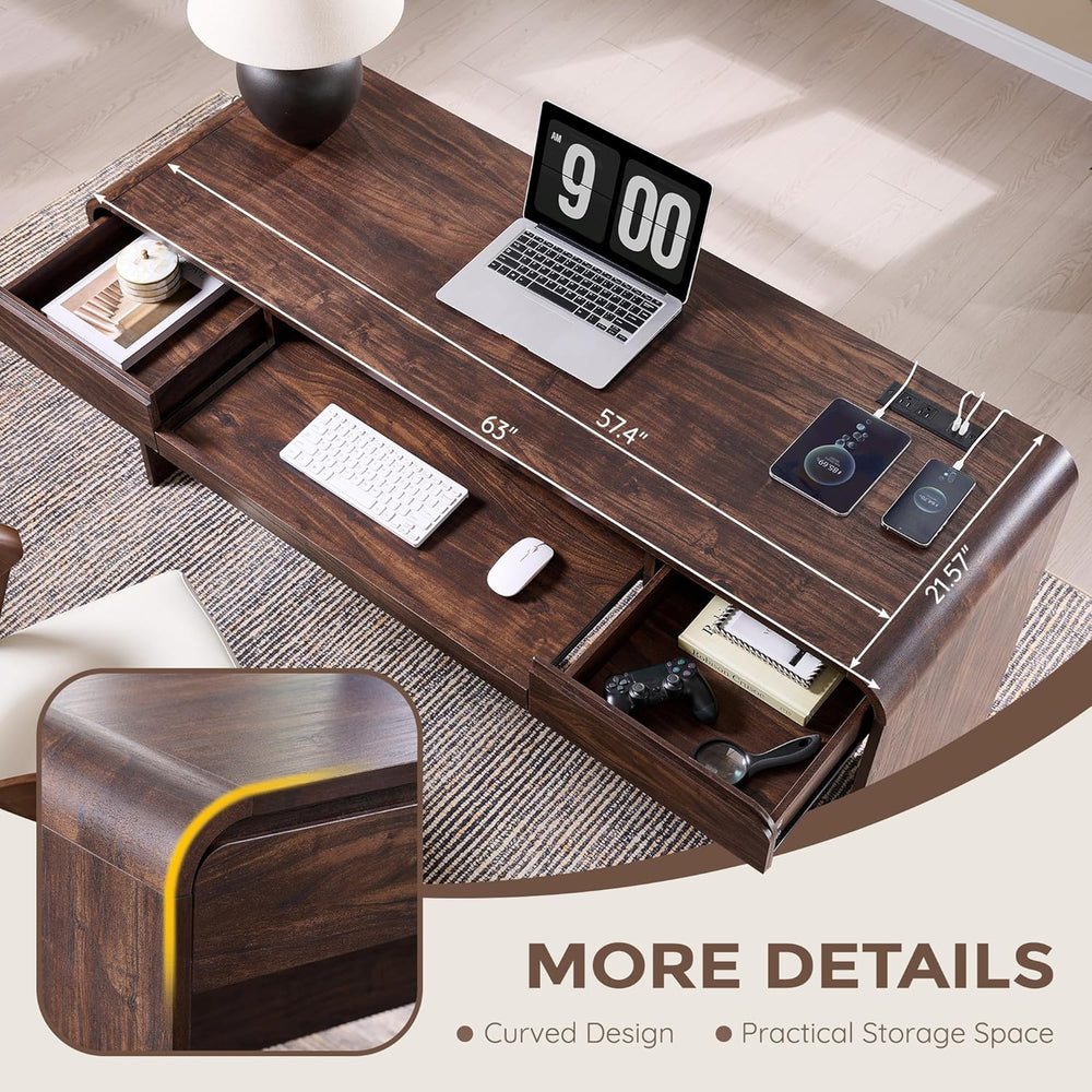 63" Modern Computer Desk with 2 Drawers, Wood Curved (Brown)