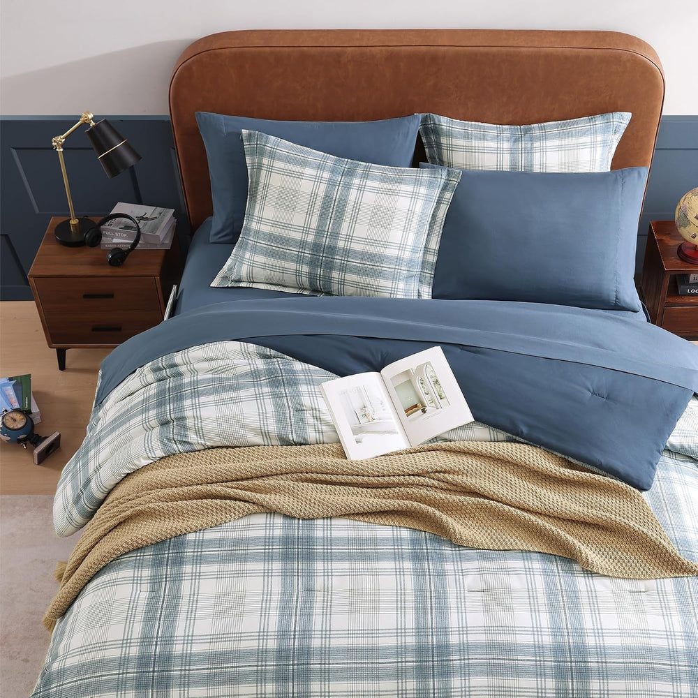 Plaid Full Size Comforter Set Blue Grey 7 Pieces Farmhouse Bed in a Bag
