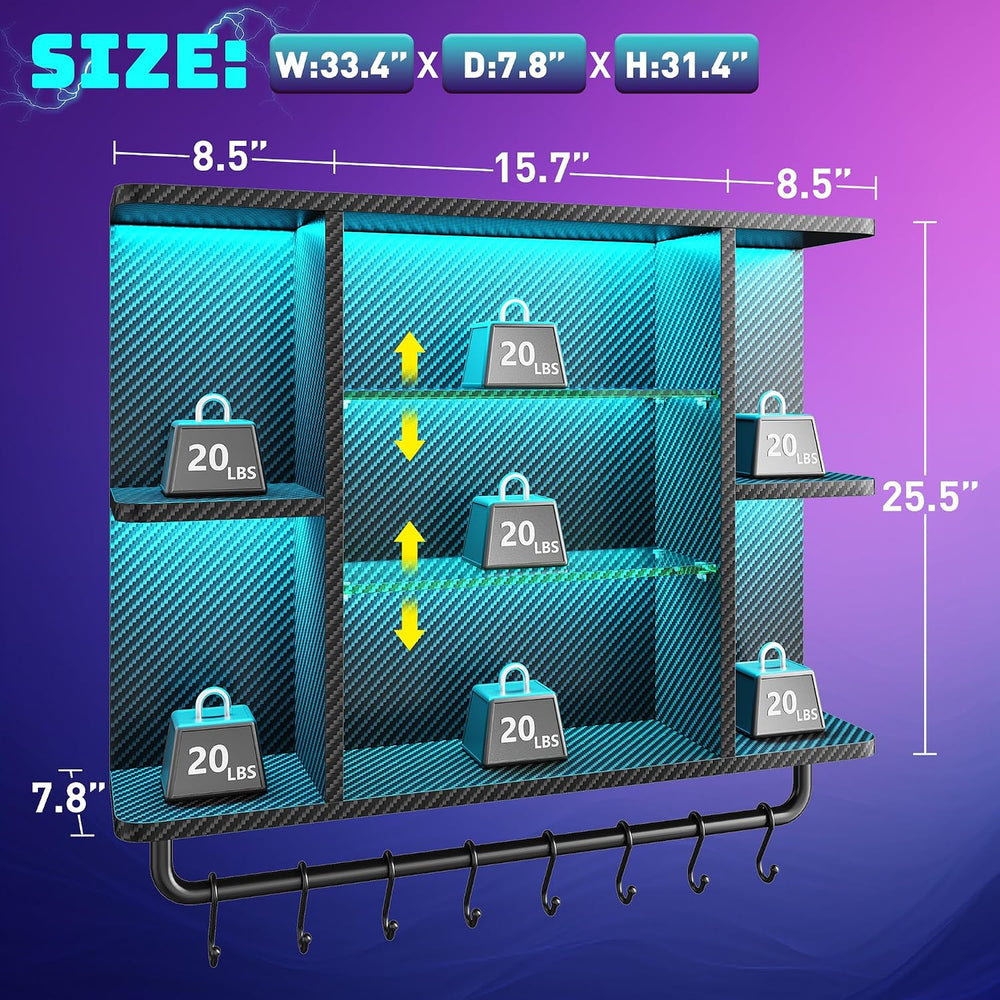 REIBII 34" Gaming Floating Shelves, LED Wall Mounted Shelf with Adjustab...