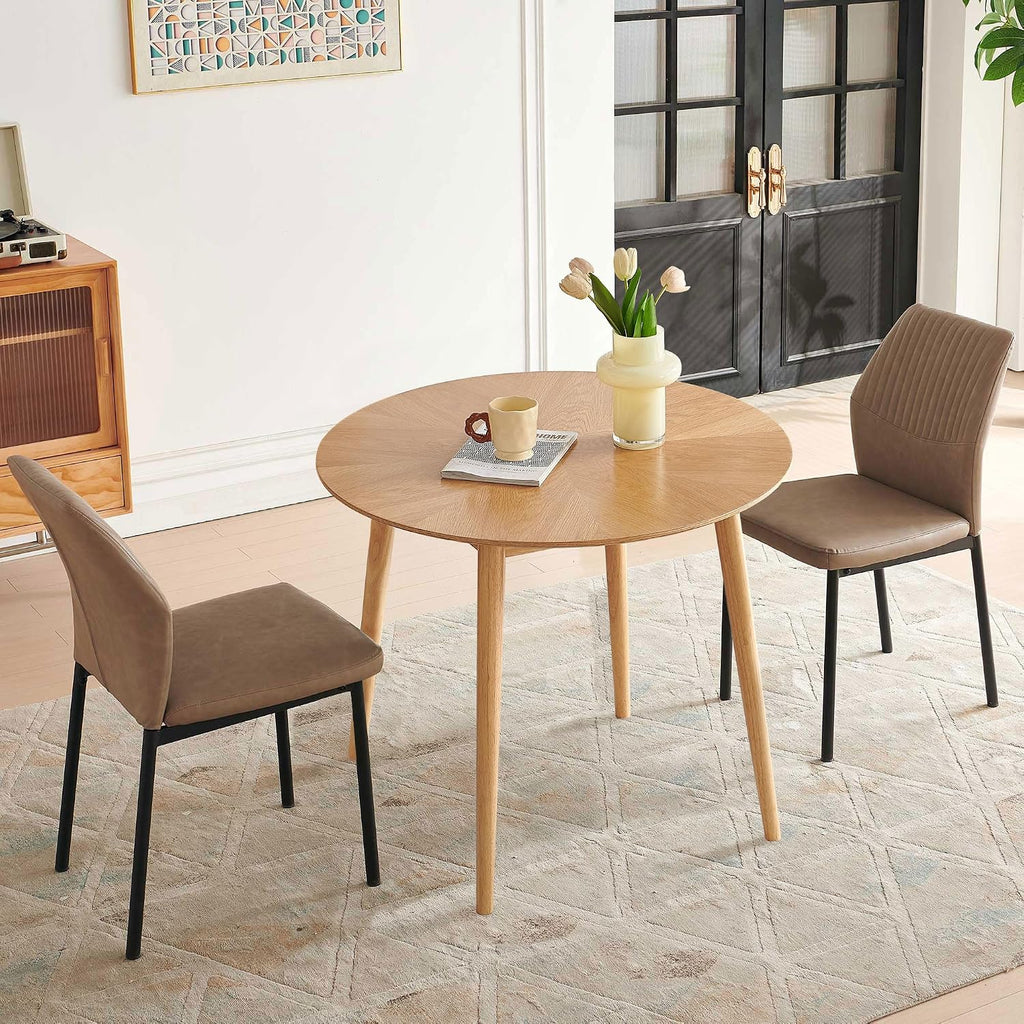 35" Round Dining Table Set for 2 with PU Leather Chairs, Space Saving Kitchen Table Set with Solid Wood Legs - Compact Breakfast Nook Set for Small Spaces, Apartment (Beige)