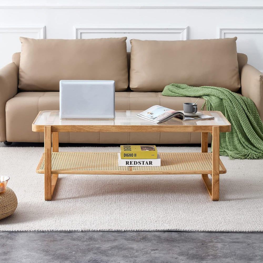 Rattan Coffee Table with Tempered Glass Top,Wood Coffee Table for Living Room...