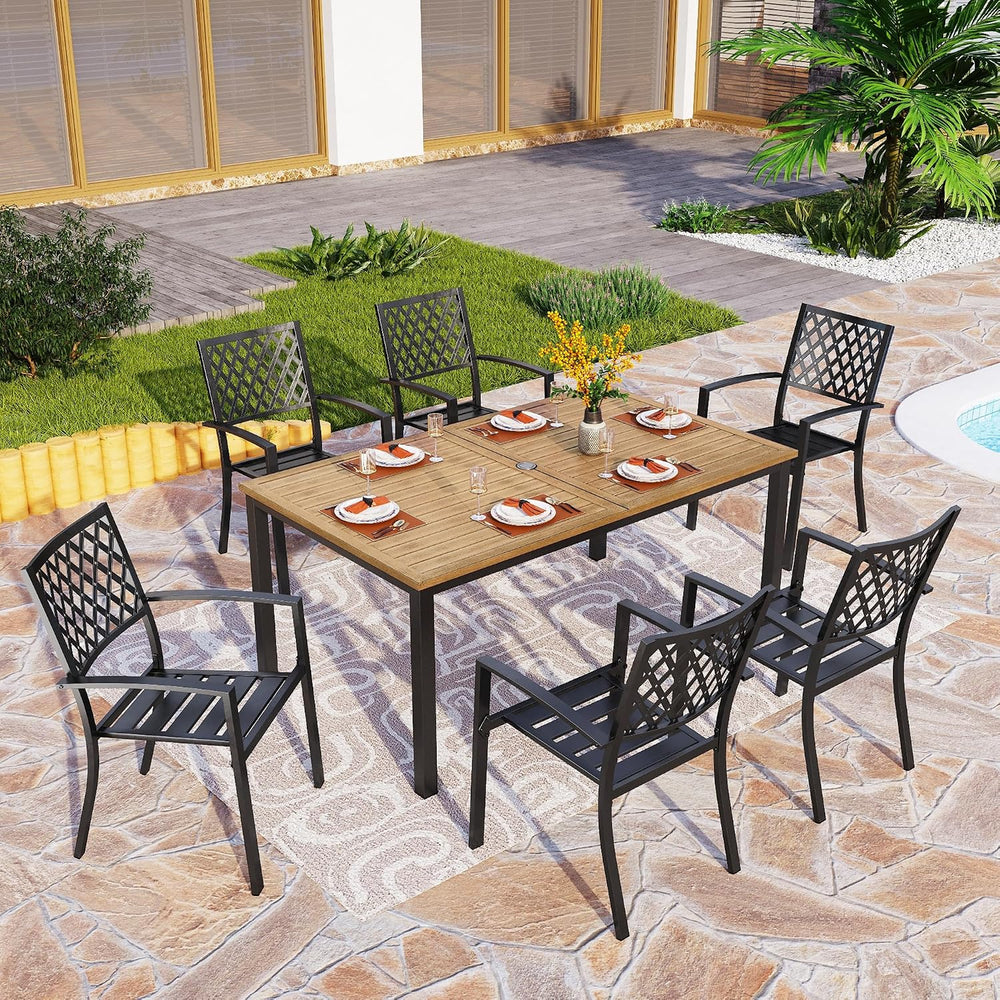 PHI VILLA Outdoor Dining Set for 6& 65”Wood-Like Metal Table